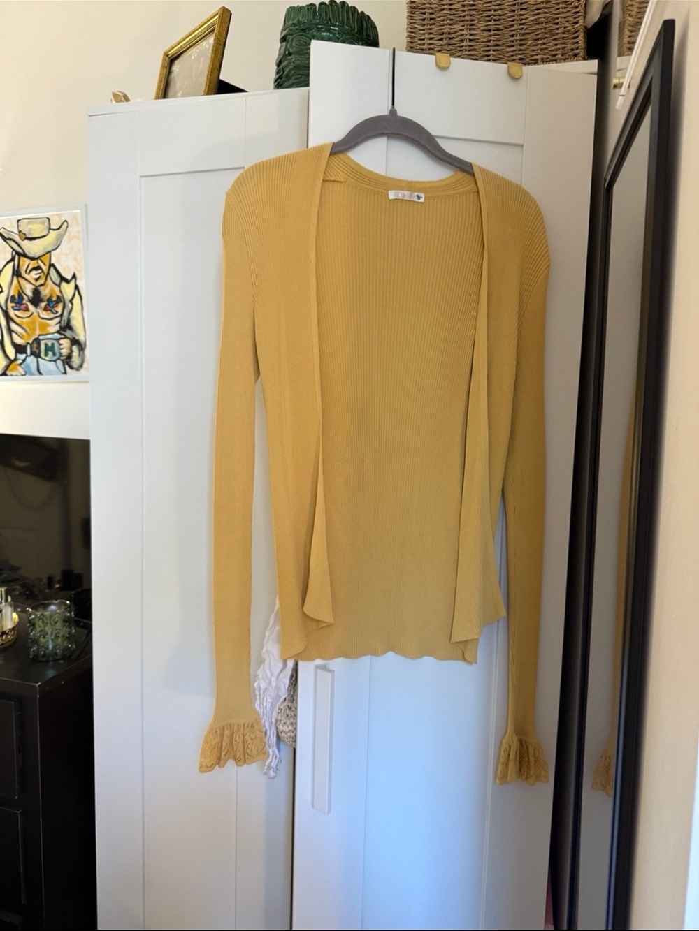 Chloe Mustard Ribbed Open-Front Cardigan with Ruffle Cuffs